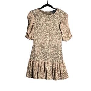 French Connection Pink and Tan Printed Dress with Smocked Top and Ruffle Hem SM